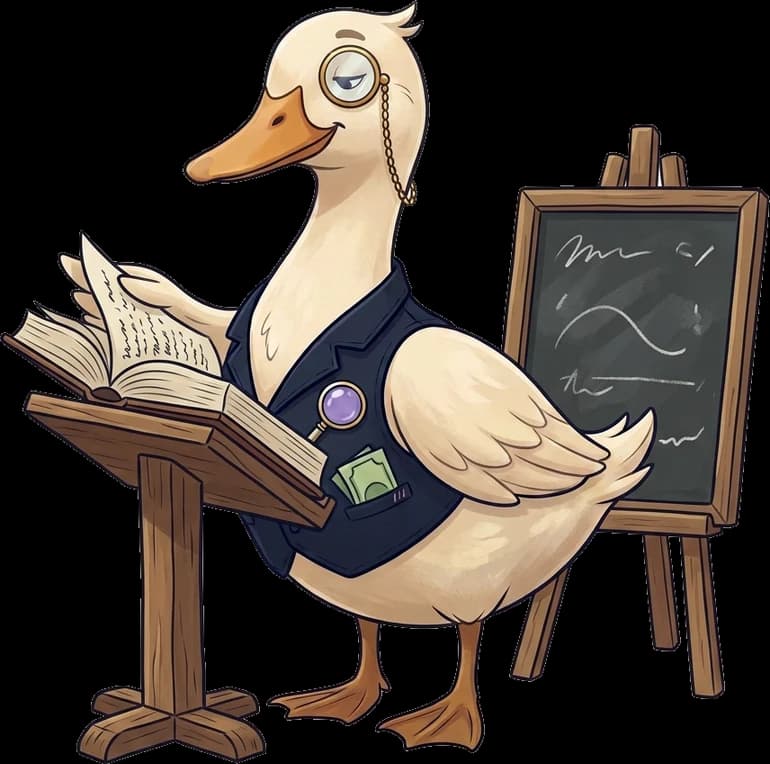 Die edgio-Ente liest am Pult, hinter ihr eine Kreidetafel