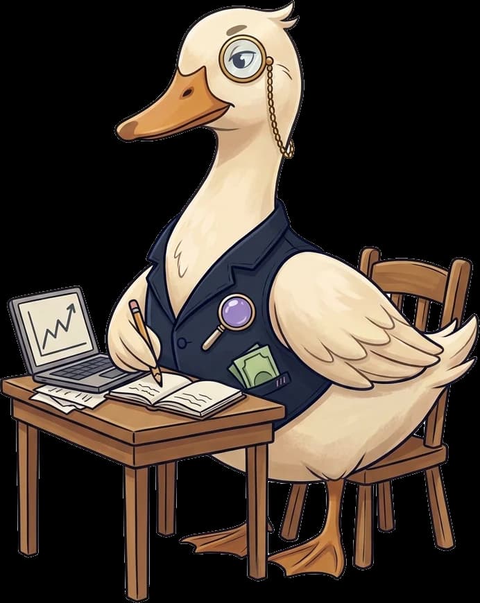 Die edgio-Ente am Tisch mit Notizbuch und Laptop