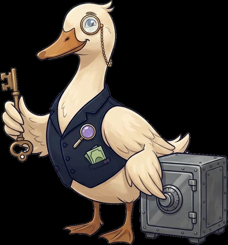 Die edgio-Ente mit Schlüssel neben einem Tresor